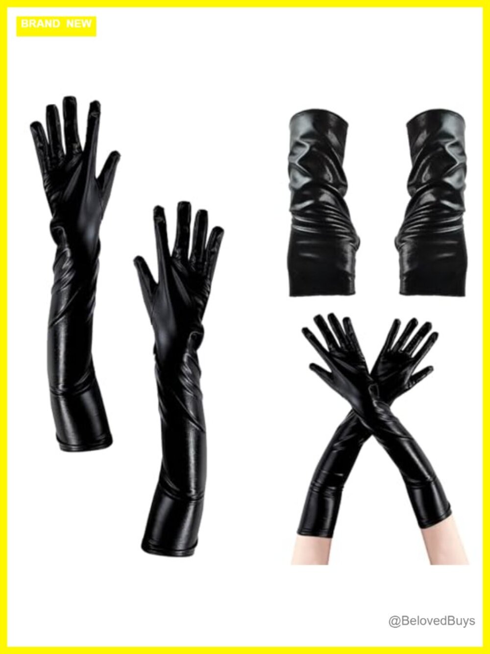 Women's Faux Leather Fingerless Gloves 2 Pack Long & Short Black Shiny Metallic